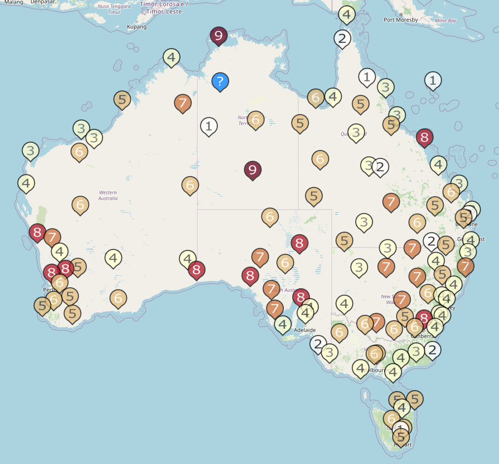 Australian heating scores using climate normals